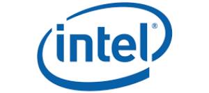 Intel brand logo featuring lowercase blue text inside a swooping elliptical or