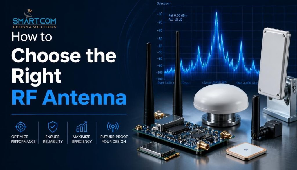 Smartcom India showing RF antenna hardware, spectrum waves, and selection criteria for telecom, defence, and IoT