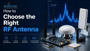 Smartcom India showing RF antenna hardware, spectrum waves, and selection criteria for telecom, defence, and IoT