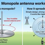 Smartcom monopole antenna working principle diagram showing ground plane mirror effect and 360° signal coverage