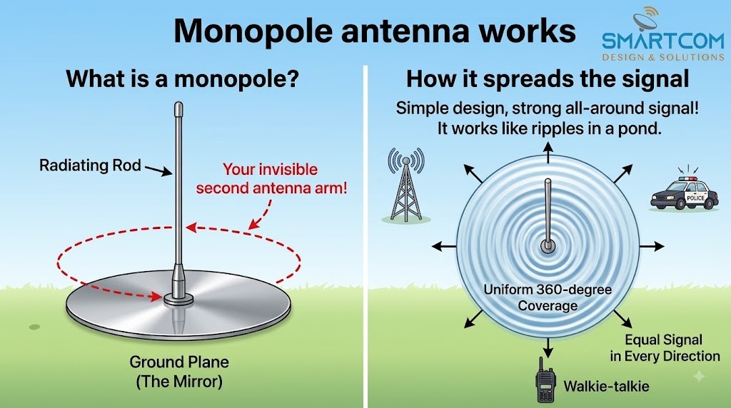 Smartcom monopole antenna working principle diagram showing ground plane mirror effect and 360° signal coverage