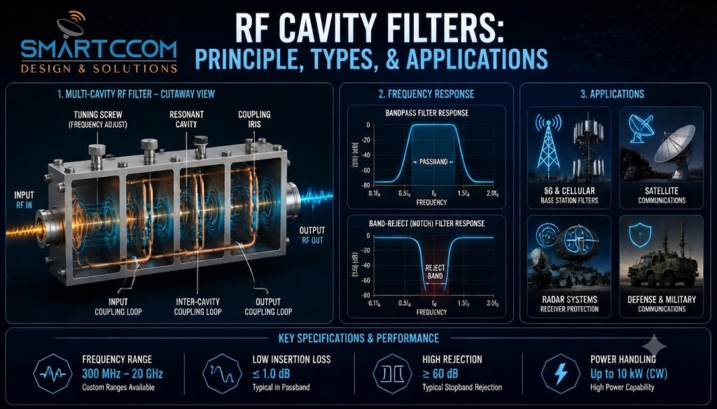 High-tech engineering infographic detailing RF cavity filter principles, cutaway multi-cavity structure, frequency response graphs, and industrial applications by Smartcom Design & Solutions.