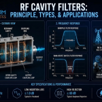 High-tech engineering infographic detailing RF cavity filter principles, cutaway multi-cavity structure, frequency response graphs, and industrial applications by Smartcom Design & Solutions.