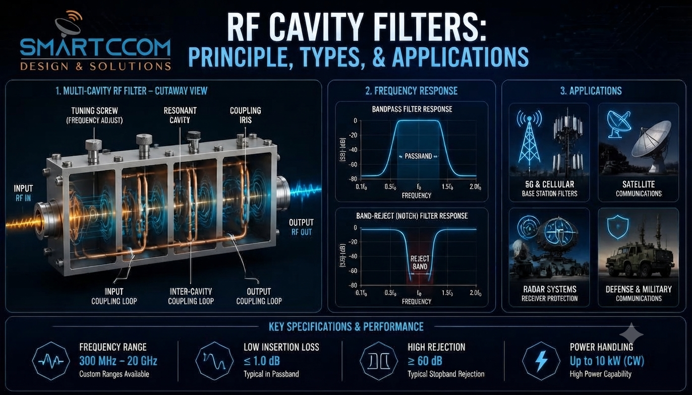 High-tech engineering infographic detailing RF cavity filter principles, cutaway multi-cavity structure, frequency response graphs, and industrial applications by Smartcom Design & Solutions.