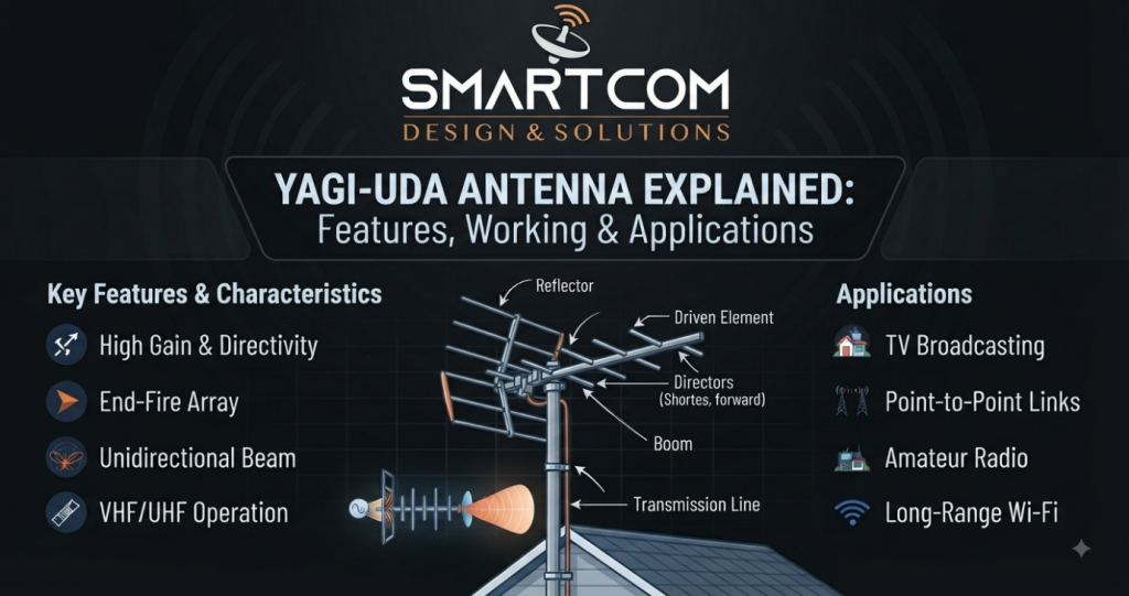 Smartcom Design & Solutions explaining the features, working, and applications of a Yagi-Uda antenna