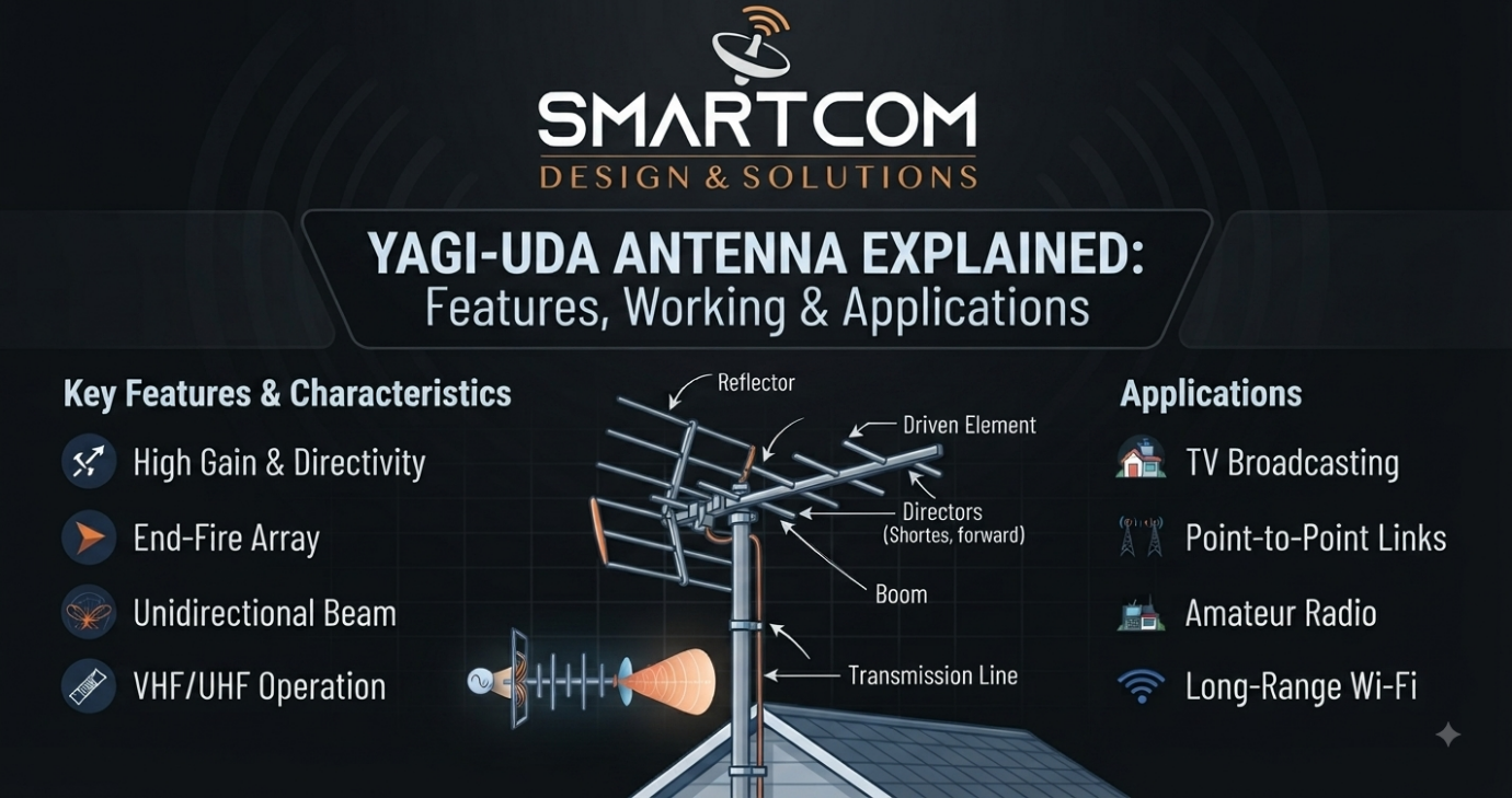 Smartcom Design & Solutions explaining the features, working, and applications of a Yagi-Uda antenna