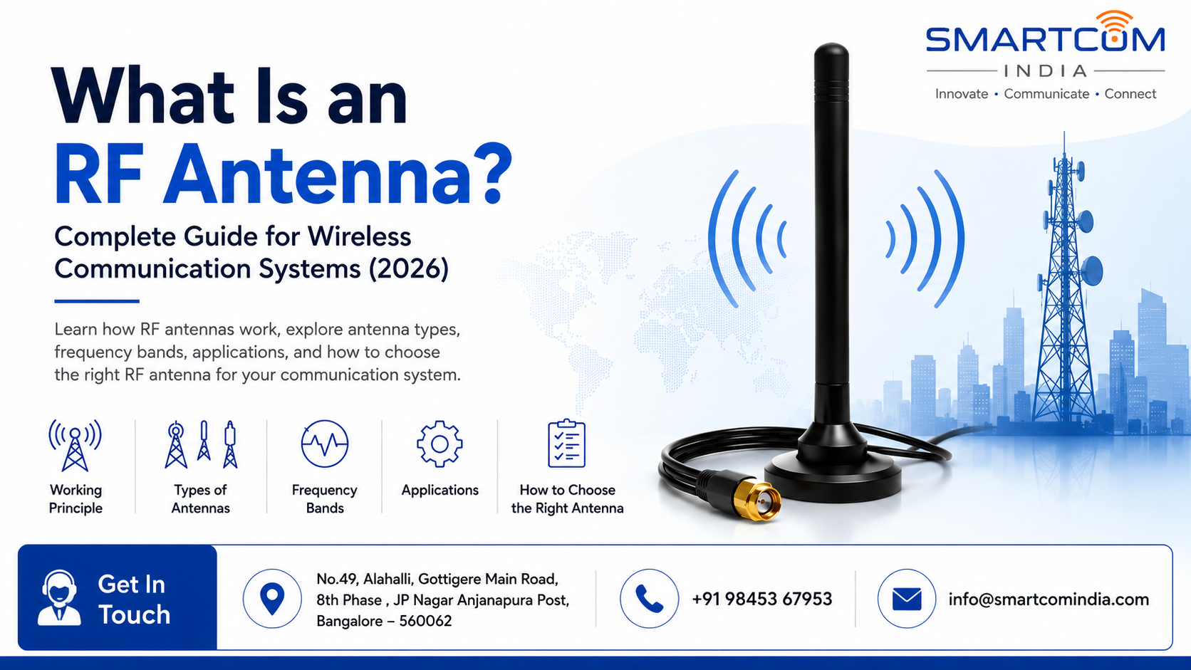 RF antenna guide illustrating radio frequency antenna working principle, wireless communication systems, antenna types, and RF engineering solutions by Smartcom India.