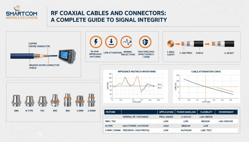 RF coaxial cable construction, connector types including SMA, N-type, and BNC, impedance waveforms, attenuation curves, and a technical specification table.