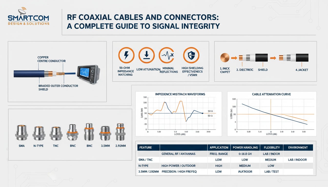 RF coaxial cable construction, connector types including SMA, N-type, and BNC, impedance waveforms, attenuation curves, and a technical specification table.