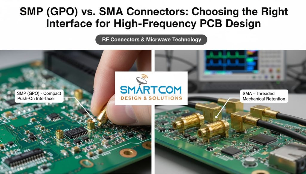 Comparison of SMP push-on vs SMA threaded RF connectors on a high-frequency PCB board by Smartcom Design Solutions.