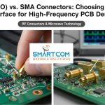 Comparison of SMP push-on vs SMA threaded RF connectors on a high-frequency PCB board by Smartcom Design Solutions.
