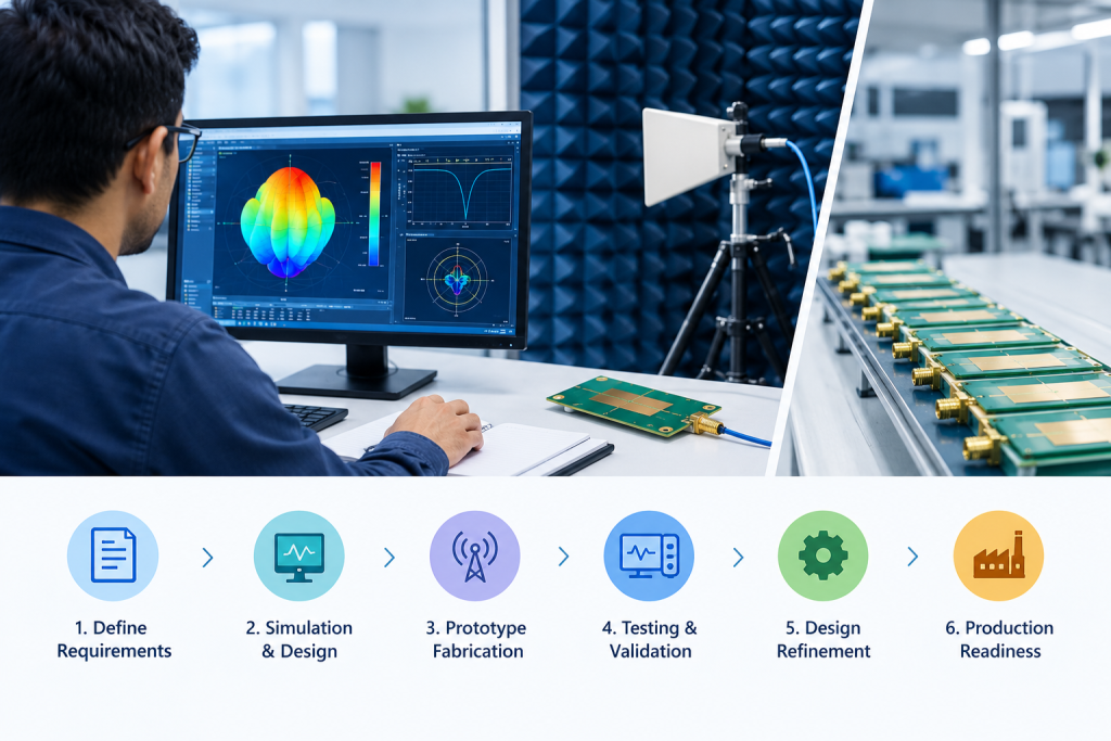 Custom antenna prototyping using RF simulation, prototype testing, and antenna design validation