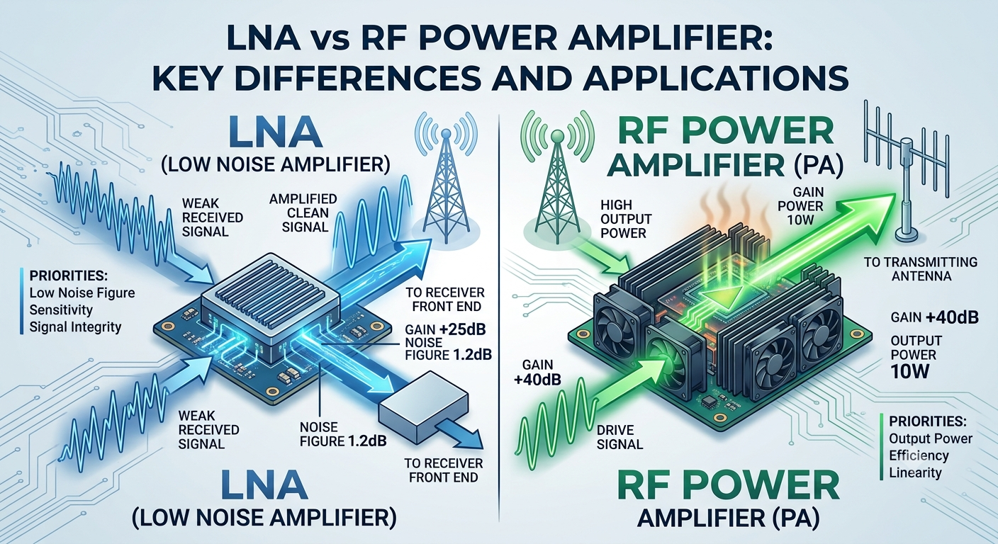 LNA vs RF power amplifier comparison showing receiver and transmitter signal paths in an RF communication system