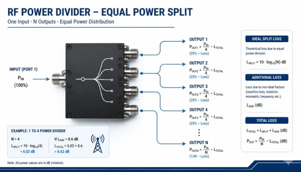 RF power divider output power calculation showing input power, split loss and multiple output ports